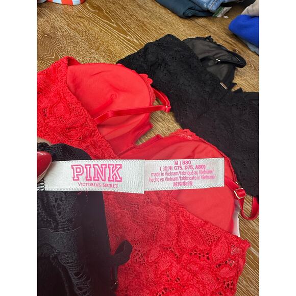 PINK Victoria’s Secret Lace Bralette Set M Black & Red Longline Plunge - Picture 4 of 4